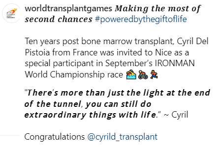 World Transplant Games telling my story and congratulating me, promoting extraordinary life